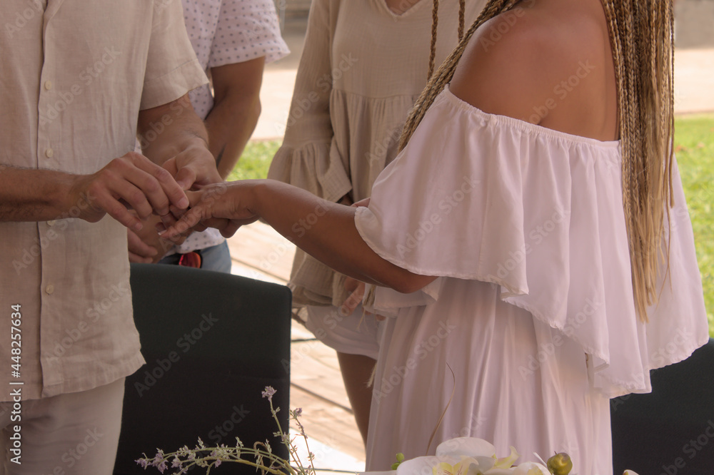 close-up of a man placing the wedding ring on the hand of the bride in a wedding