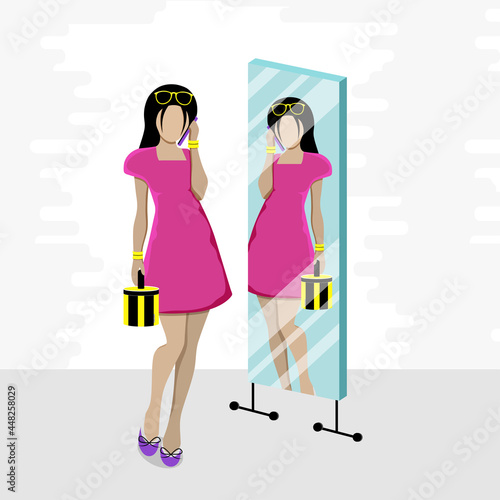 Fashionable girl talking on phone and looking in mirror. flat vector illustration.