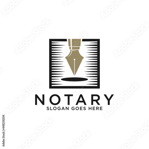 Elegant Notary lawyer logo designs, golden pen notary with square shape vector illustrations