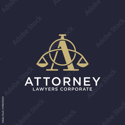 Luxury Attorney law firm logo design, letter A logo icon with scales and shape vector illustrations