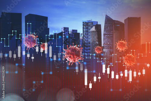 Canvas Print Night Panormic Singapore city view on bay, hologram of Forex financial chart and globe