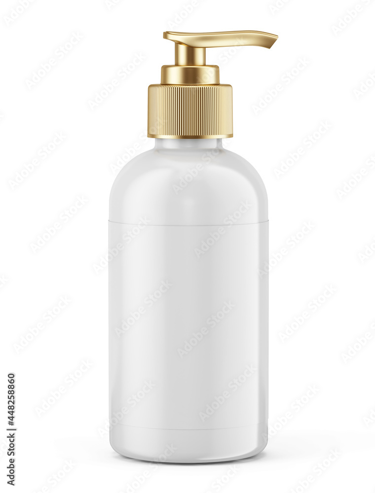 Realistic white bottle with gold batcher pump, for gel, soap, body wash, lotion, shampoo, on a white background. Template mockup - 3d rendering Realistic white bottle with gold batcher pump, for gel, soap, body wash, lotion, shampoo, on a white background. Template mockup - 3d rendering