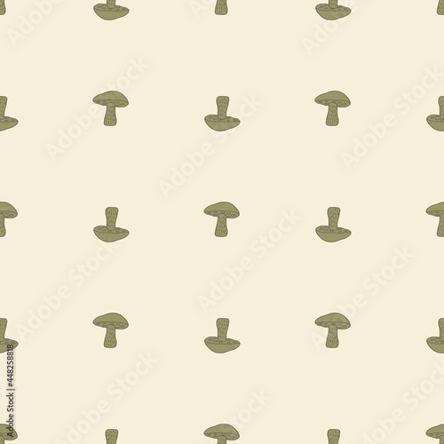 Decorative autumn seamless pattern with pale green little Leccinum scabrum mushroom print. Light background.