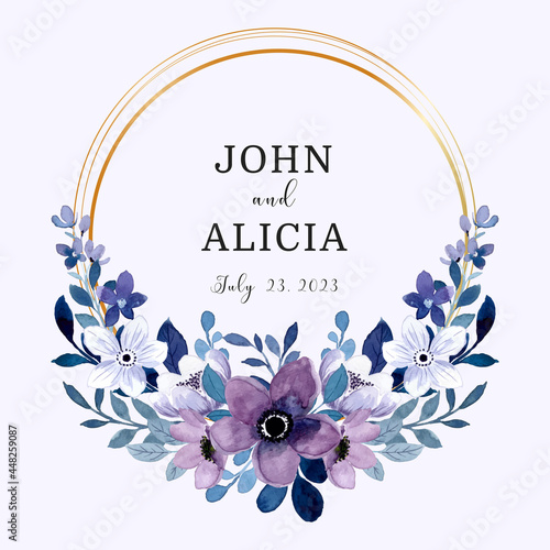Save the date watercolor purple floral wreath with golden circle