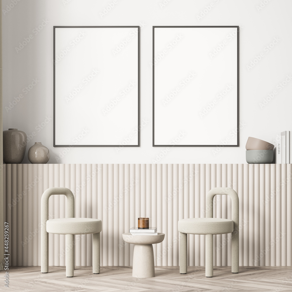 Two banners in the beige living room with wall panelling and stools