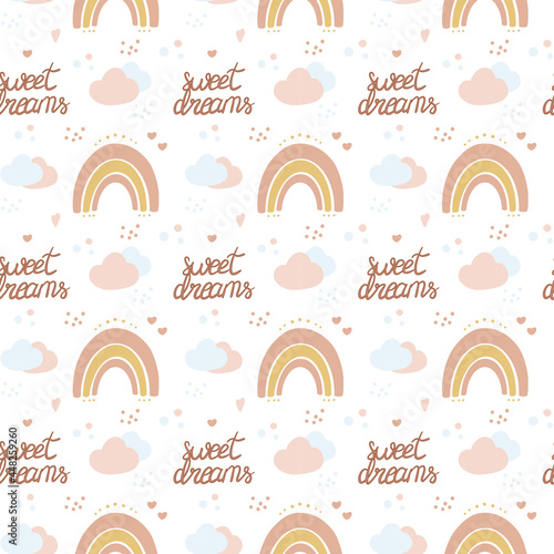 Cute baby seamless pattern with rainbow. Sweet dreams. Vector illustration. 