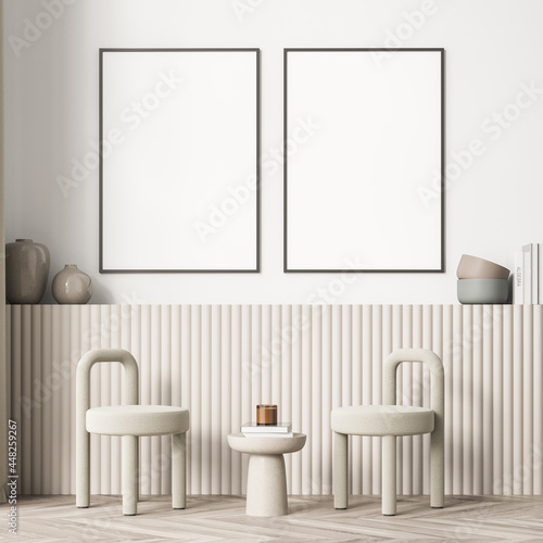 Two banners in the beige living room with wall panelling and stools © ImageFlow