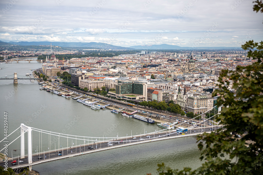 Aerial view of Budapest skyline and Elisabeth bridge.