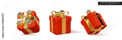Set of 3d gift boxes wrapped golden ribbon isolated on white background. Holiday or seasonal discount decorative elements. Vector illustration.