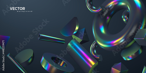 3d render primitives abstract background. Realistic 3d sphere, torus, cone, cube, tube. Glossy holographic geometric shapes. Iridescent trendy design, thin film effect. Vector.