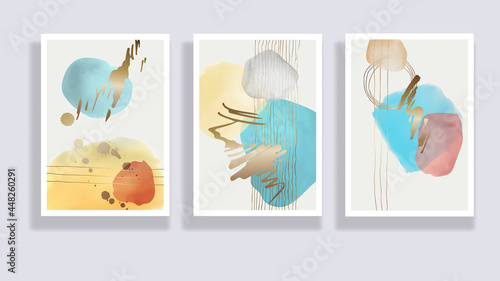 Trendy set of watercolor minimalistic abstract hand painted illustrations. Abstract compositions doodles various shapes. Great for design wall decoration, postcard or brochure cover design. Vector