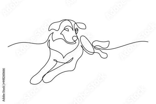 Dog resting in continuous line art drawing style. Cute dog pet lying down minimalist black linear sketch isolated on white background. Vector illustration