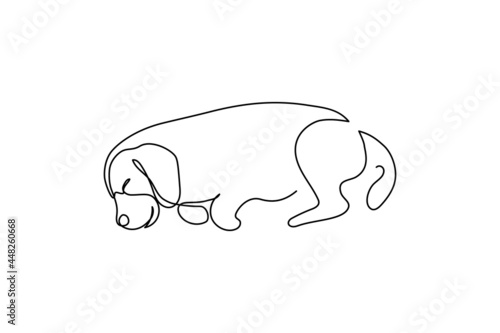 Sleeping dog in continuous line art drawing style. Cute beagle dog asleep minimalist black linear sketch isolated on white background. Vector illustration