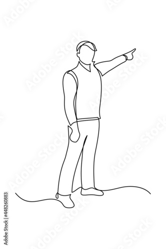 Man pointing the finger at something in continuous line art drawing style. Person extending arm to point copy space. Minimalist black linear sketch isolated on white background. Vector illustration