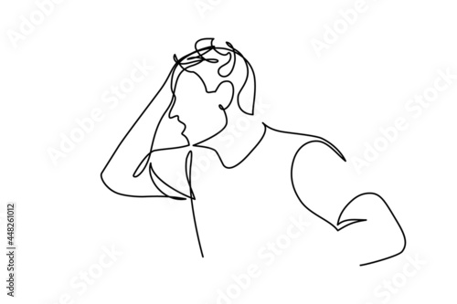 Shocked man in continuous line art drawing style. Male with open mouth touching forehead with his palm being stressed or confused. Fail. Minimalist black linear sketch isolated on white background