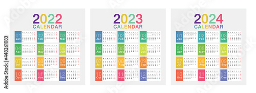 Year 2022 and Year 2023 and Year 2024 calendar vector design template, simple and clean design. Calendar for 2022 and 2023 on White Background for organization and business. Week Starts Monday.