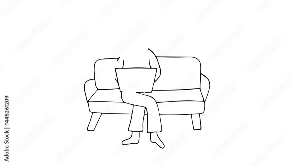 Drawing animation of woman sitting on sofa and working on laptop. Doodle animation of woman character sitting on sofa and working on laptop. Line animation of woman working on laptop. Drawing animation of woman sitting on sofa and working on laptop. Doodle animation of woman character sitting on sofa and working on laptop. Line animation of woman working on laptop.