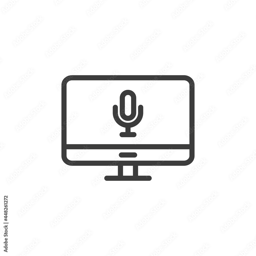 Desktop computer or TV icon with microphone symbol and white background Desktop computer or TV icon with microphone symbol and white background