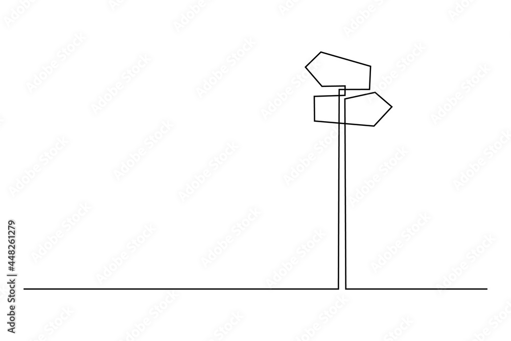 Fingerpost in continuous line art drawing style. Signpost pointing in the direction of travel to places minimalist black linear design isolated on white background. Vector illustration Fingerpost in continuous line art drawing style. Signpost pointing in the direction of travel to places minimalist black linear design isolated on white background. Vector illustration