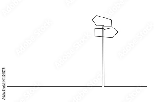 Fingerpost in continuous line art drawing style. Signpost pointing in the direction of travel to places minimalist black linear design isolated on white background. Vector illustration