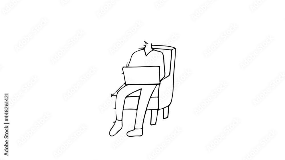 Doodle drawing business concept with young man sitting on armchair and working on laptop. Doodle animation of young man sitting on armchair and working on laptop. Work at home doodle concept Doodle drawing business concept with young man sitting on armchair and working on laptop. Doodle animation of young man sitting on armchair and working on laptop. Work at home doodle concept