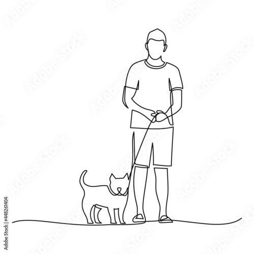 Man with a dog pet in continuous line art drawing style. Dog on a leash with his owner. Black linear sketch isolated on white background. Vector illustration