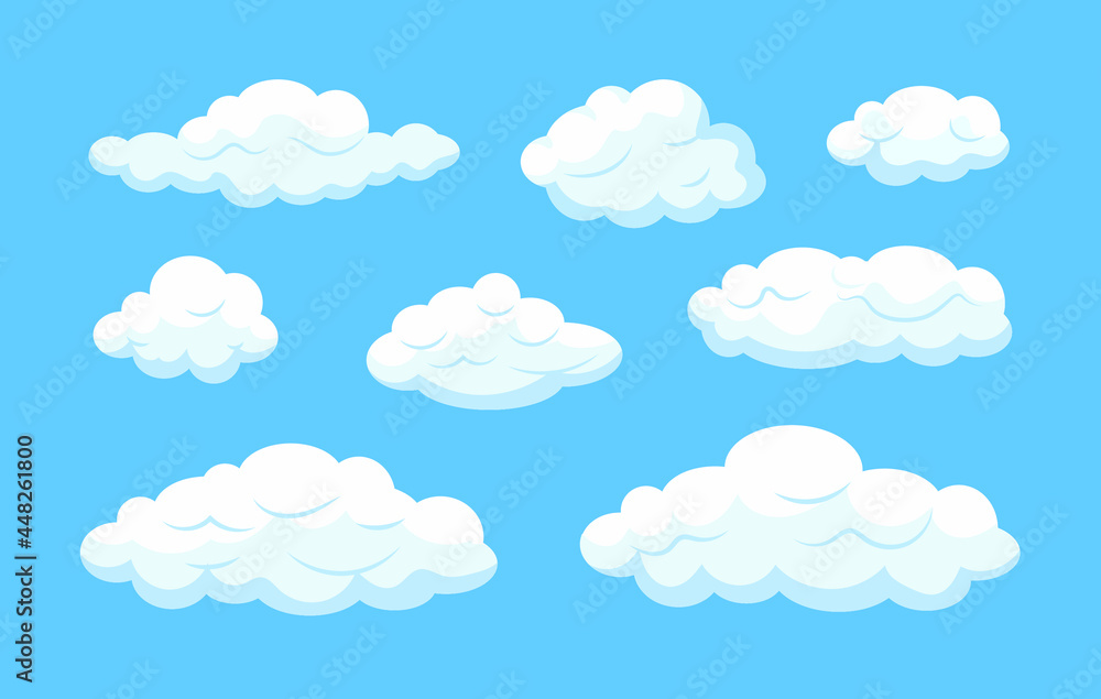 Vector Cartoon Clouds Set, Sky Blue Background and White Clouds, Vector Illustration.
