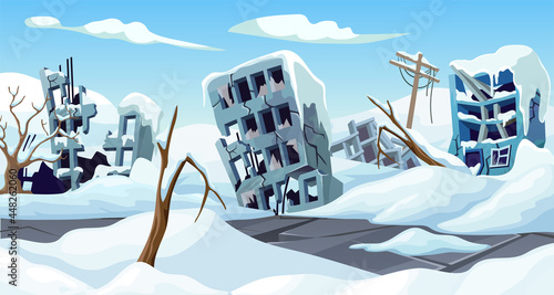 Ice age. Cartoon game landscape with mountains of snow and city. Frozen park, destroyed buildings, road after storm. Aftermath of natural disaster. Vector illustration.