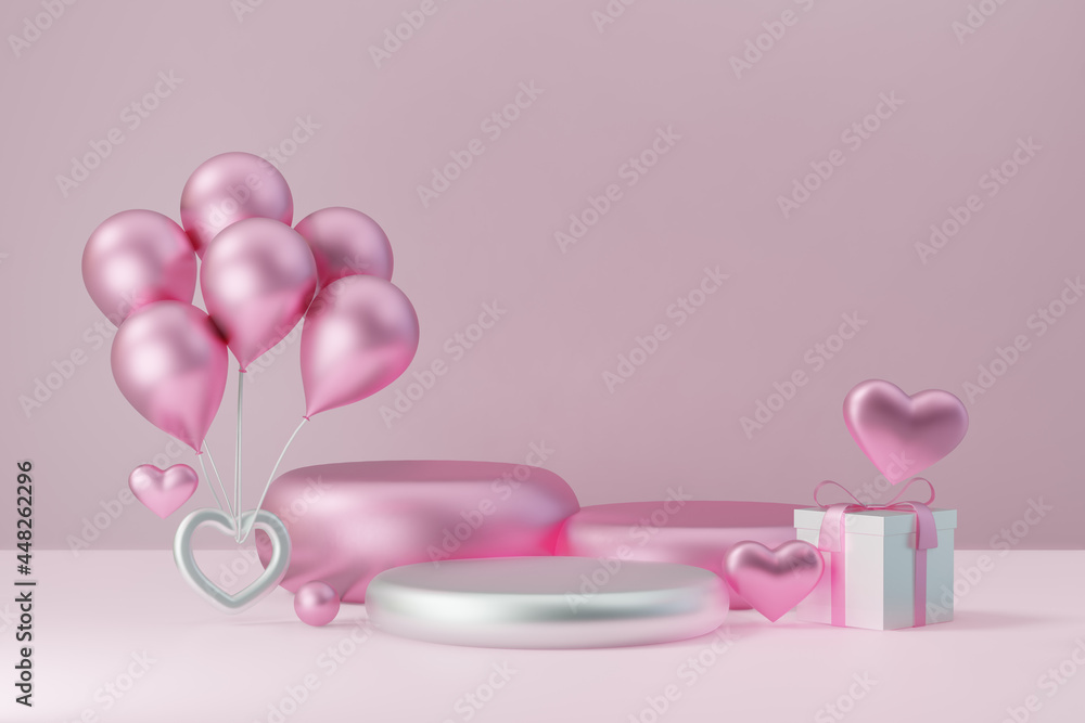 Cosmetic display product stand, Three Pink white cylinder block podium with balloon giftbox and heart on pink background. 3D rendering illustration.