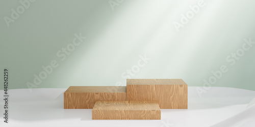 Fototapeta Naklejka Na Ścianę i Meble -  Cosmetic display product stand, Three wood blocks podium on pastel green background. 3D rendering illustration.