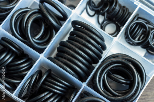 A set of rubber O-rings. Gaskets used in hydraulics, pneumatics and connections of parts of mechanisms.