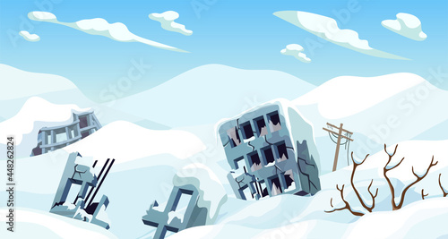 Ice age. Cartoon game landscape with mountains of snow and city. Frozen park, destroyed buildings, road after storm. Aftermath of natural disaster. Vector illustration.