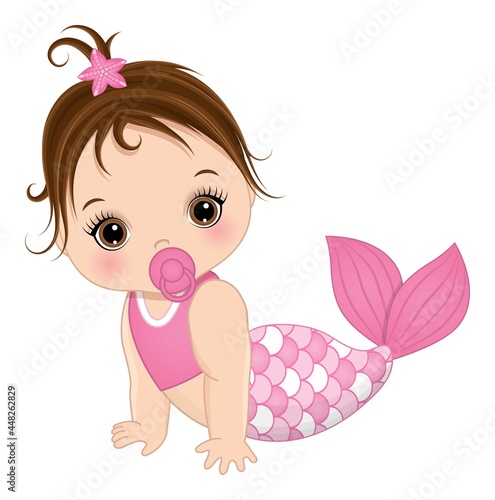Cute Little Baby Mermaid with Pink Fishtail. Vector Baby Mermaid