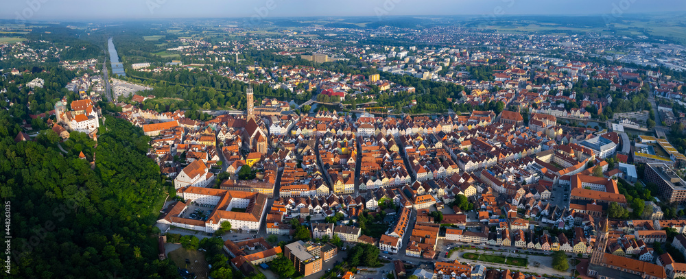  Aerial view around the old town of Landshut in Germany., Bavaria on a sunny morning in spring.