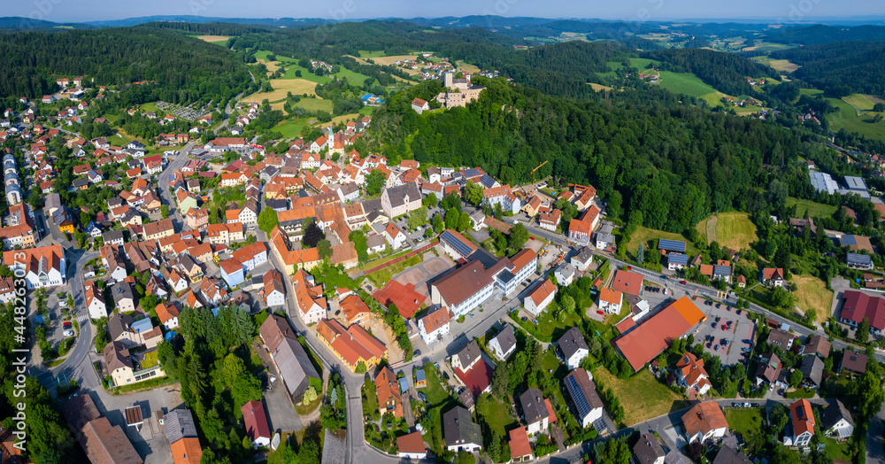Aerial view around the old town of Falkenstein in Germany., Bavaria on a sunny morning in spring.