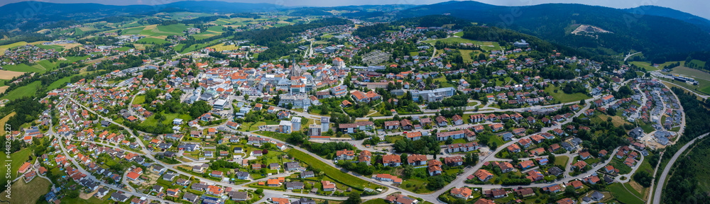 Aerial view around the city Waldkirchen in Germany., Bavaria on a sunny afternoon in spring.