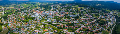 Aerial view around the city Waldkirchen in Germany., Bavaria on a sunny afternoon in spring.