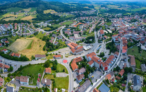Aerial view around the city Hauzenberg in Germany., Bavaria on a sunny afternoon in spring.