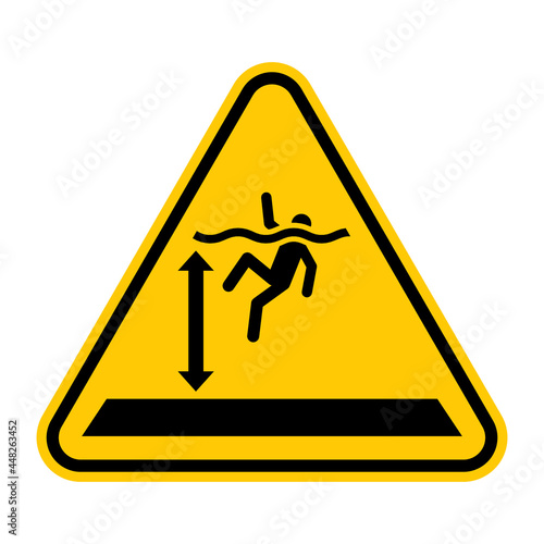 Deep water warning sign. Vector illustration of yellow triangle sign with drowning man. Caution high water level. Symbol used near water body. Deep ocean, sea and lake concept. Risk of drowning.