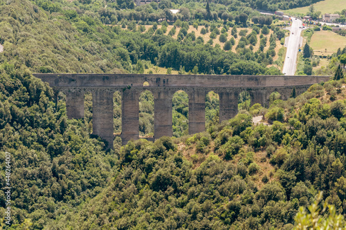 Beautiful top view of the ancient Ponte delle Torri bridge  Spoleto  Italy  on a sunny day
