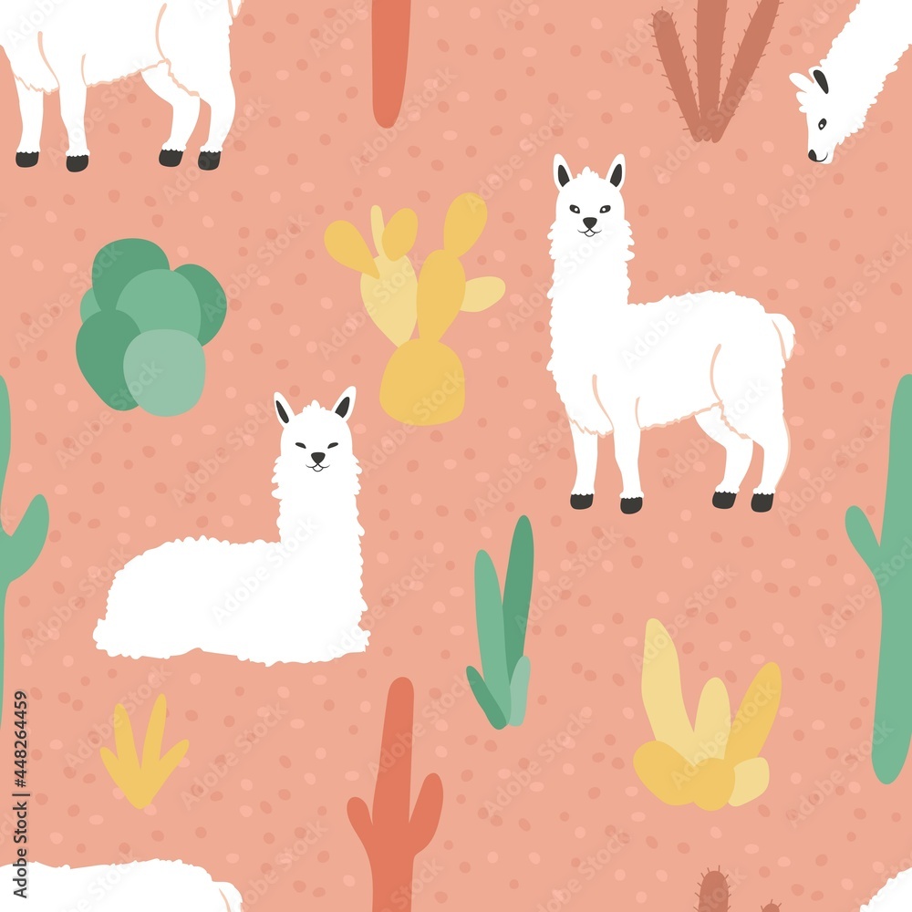 The llama pattern. Cute alpacas and cacti on a pink background. Vector hand-drawn children's collection for decorating a children's room, children's goods, fabrics, backgrounds, packaging, covers.