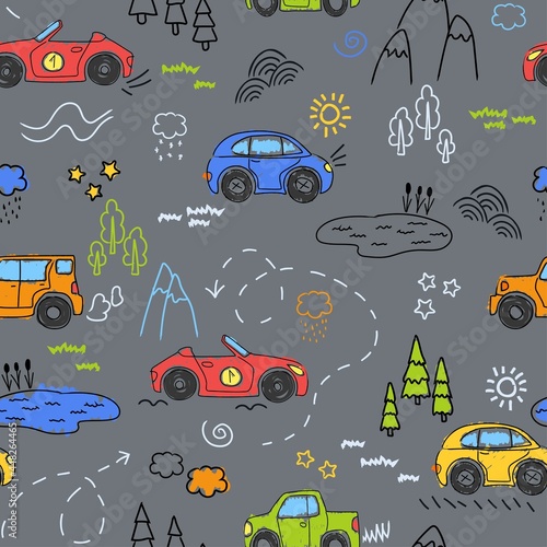 Children's pattern with cute cars. Funny cars.Vector hand-drawn collection for decorating a children's room with a seamless pattern for children's goods, fabrics, backgrounds, packaging, covers.