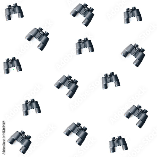 Seamless pattern with vintage binoculars on a white background. 3D rendering