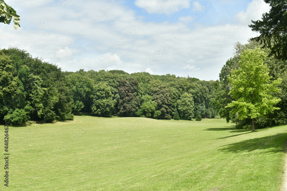 L'immense pelouse principale en plein bois au parc des Trois Fontaines à Vilvoorde L'immense pelouse principale en plein bois au parc des Trois Fontaines à Vilvoorde