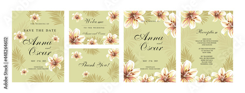 Wedding invitation with blooming flowers and plant leaves. Vector Holiday Menu Invitation Gratitude Set.