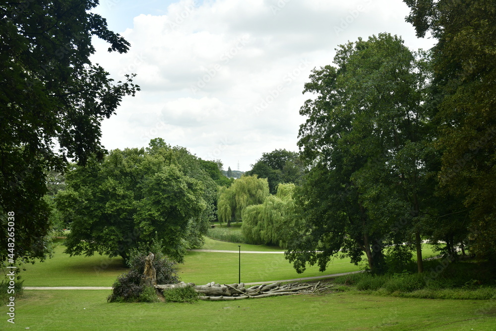 L'une des grandes pelouses entre les arbres divers au parc des Trois Fontaines à Vilvoorde