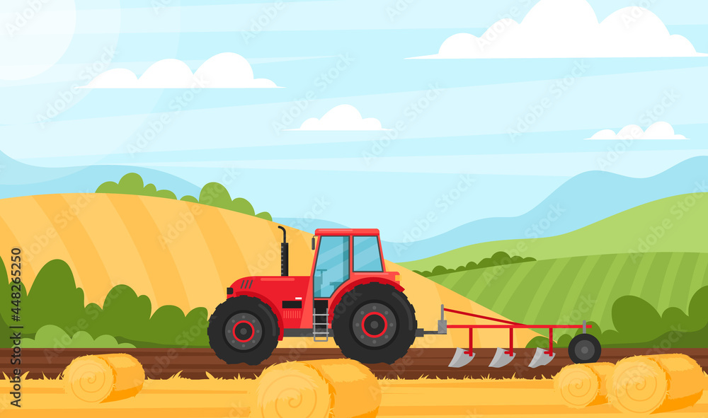 Obraz premium Agriculture and farming. Vector illustration of rural landscape with driving tractor working on farmed land, fields, hay, trees and bushes. Agribusiness. Countryside autumn landscape. Farm concept