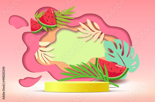 3D white cylinder pedestal podium with Paper cut style illustrator elements of fruits on background.
