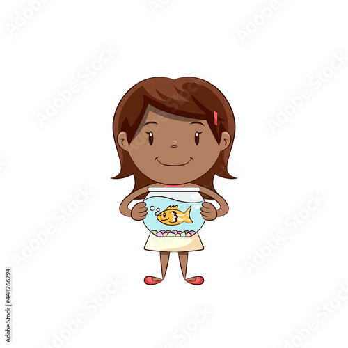 Little girl holding fish bowl, happy cute child