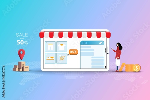 Concept of online shopping  young woman wear a face mask and hold a smartphone to chat with customer service to order the goods in pastel color background.